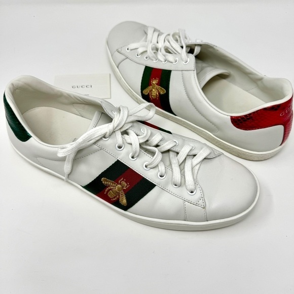 GUCCI Ace Embroidered Gold Bee White Sneakers with Red and Green Stripe - Picture 3 of 12